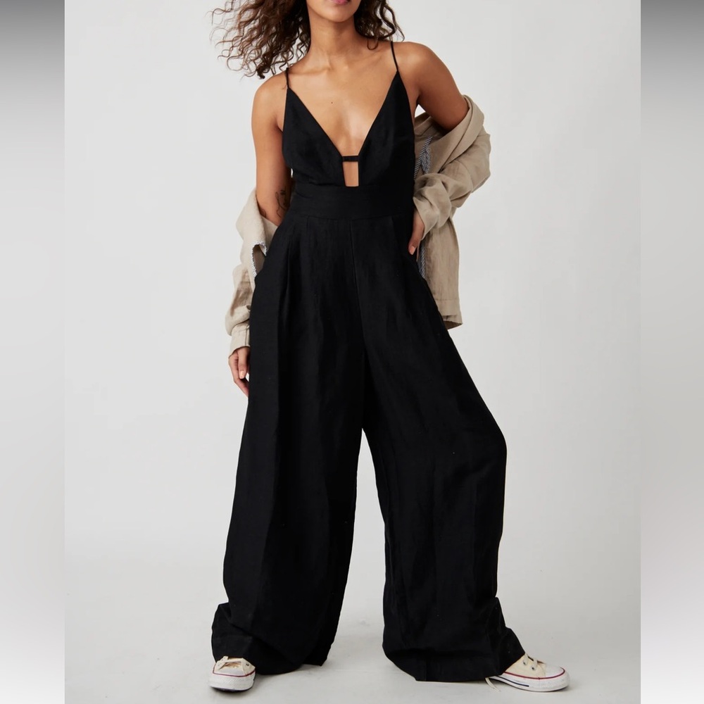Free People Emma One Piece Linen Jumpsuit in Black - Picture 5 of 8